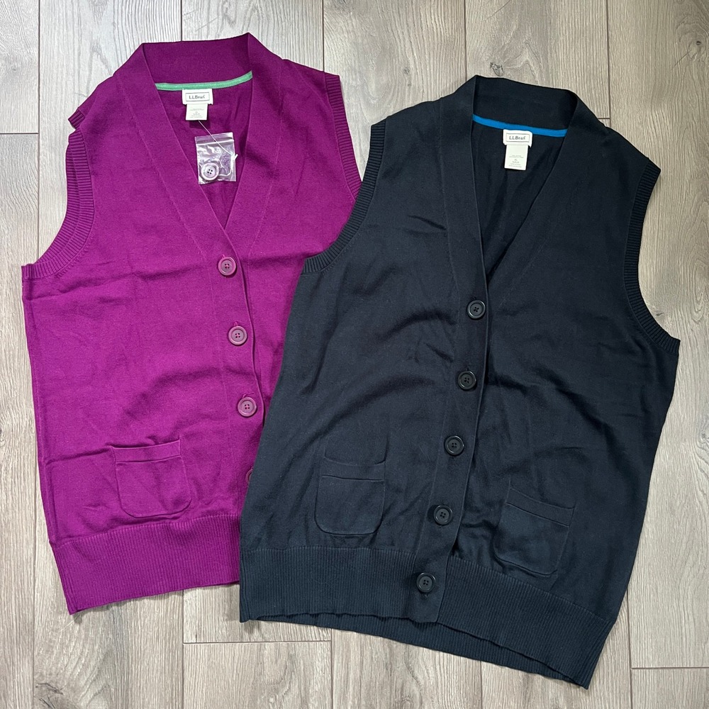 Lot of 2 LL Bean Womens XL V Neck Sweater Vest Button Up 100% Cotton Pink Navy